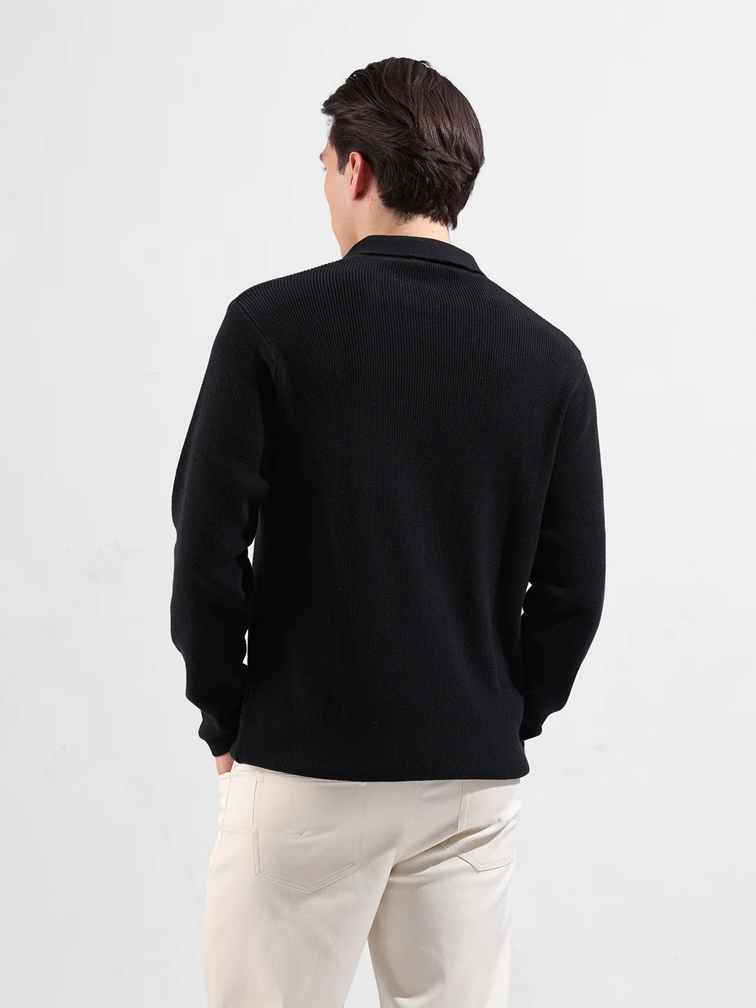 Men's Black Slim Fit Striped Flat Knit Polo Neck T-Shirt - Image 6