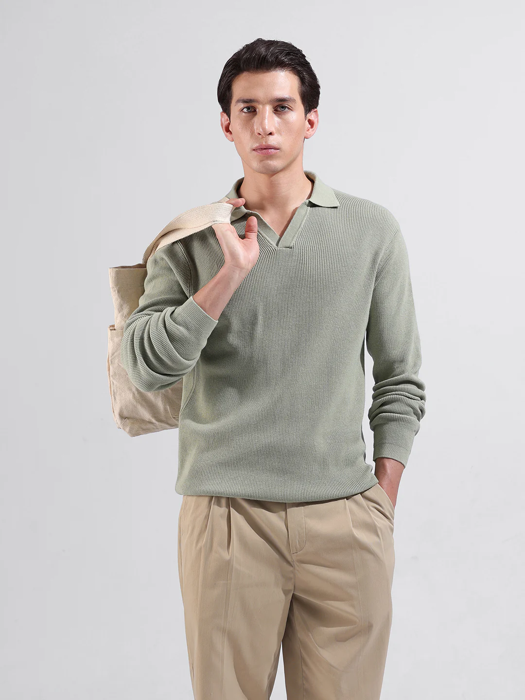 Men's Green Slim Fit Striped Flat Knit Polo Neck T-Shirt - Image 2
