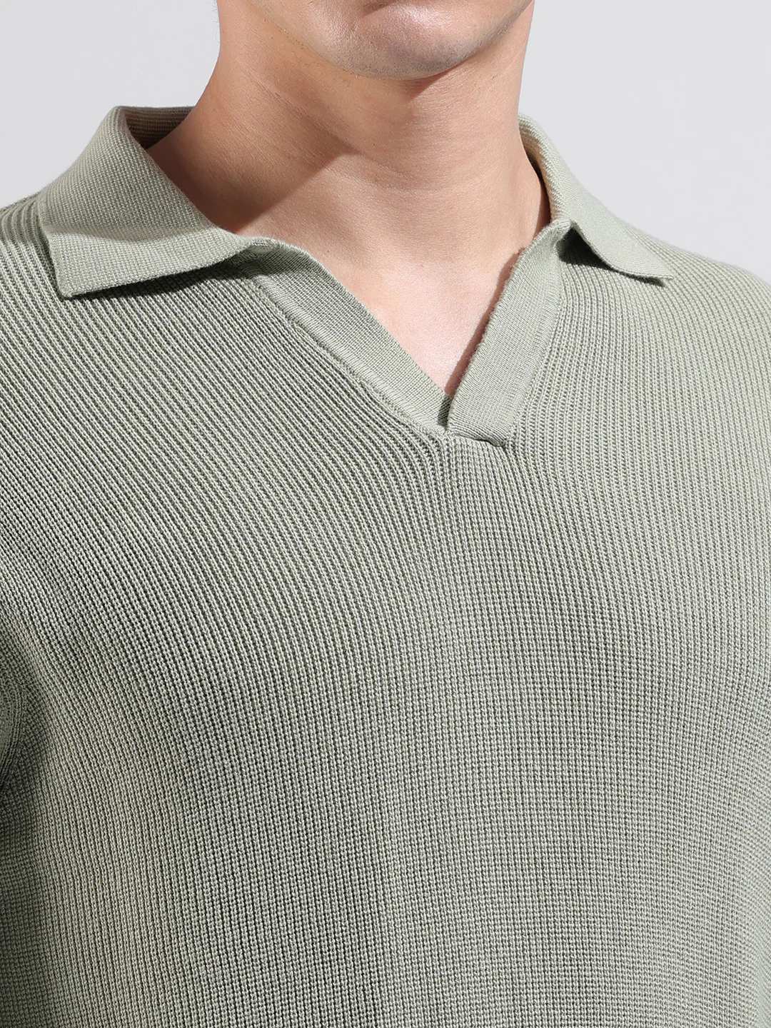 Men's Green Slim Fit Striped Flat Knit Polo Neck T-Shirt - Image 3