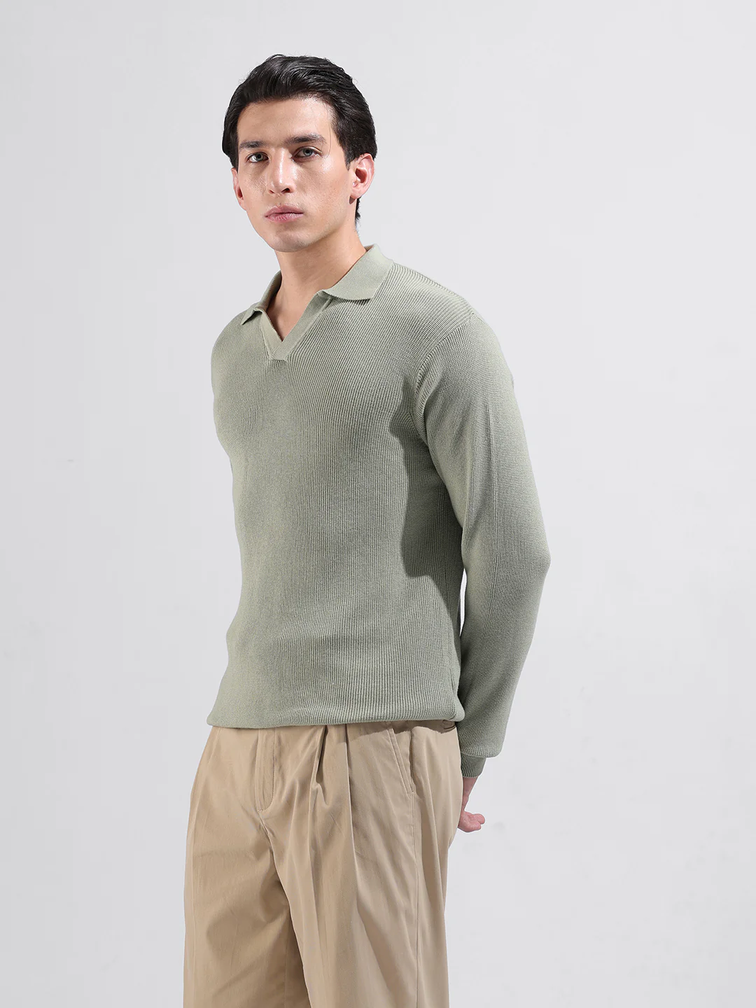 Men's Green Slim Fit Striped Flat Knit Polo Neck T-Shirt - Image 4