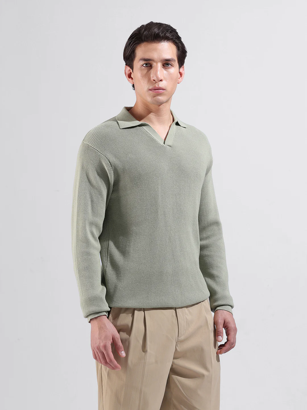 Men's Green Slim Fit Striped Flat Knit Polo Neck T-Shirt - Image 5