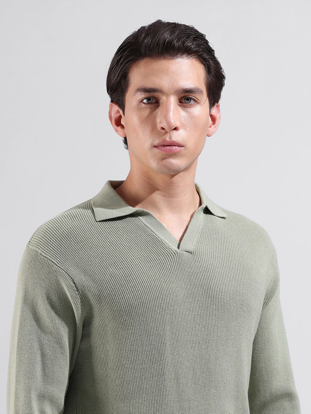 Men's Green Slim Fit Striped Flat Knit Polo Neck T-Shirt - Image 6