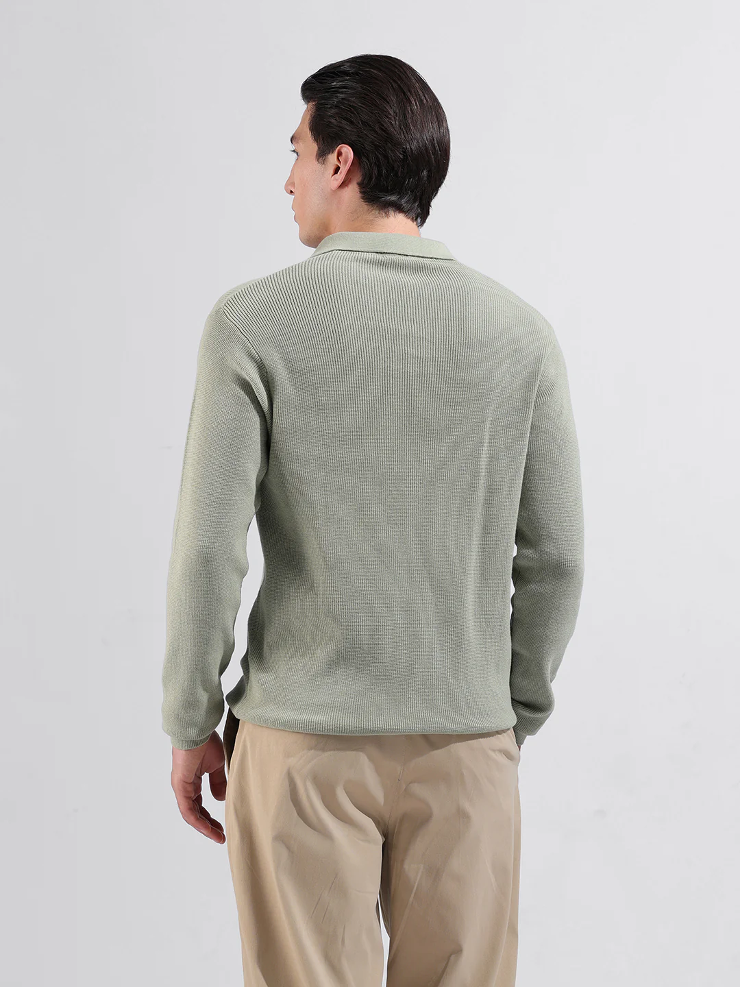 Men's Green Slim Fit Striped Flat Knit Polo Neck T-Shirt - Image 7