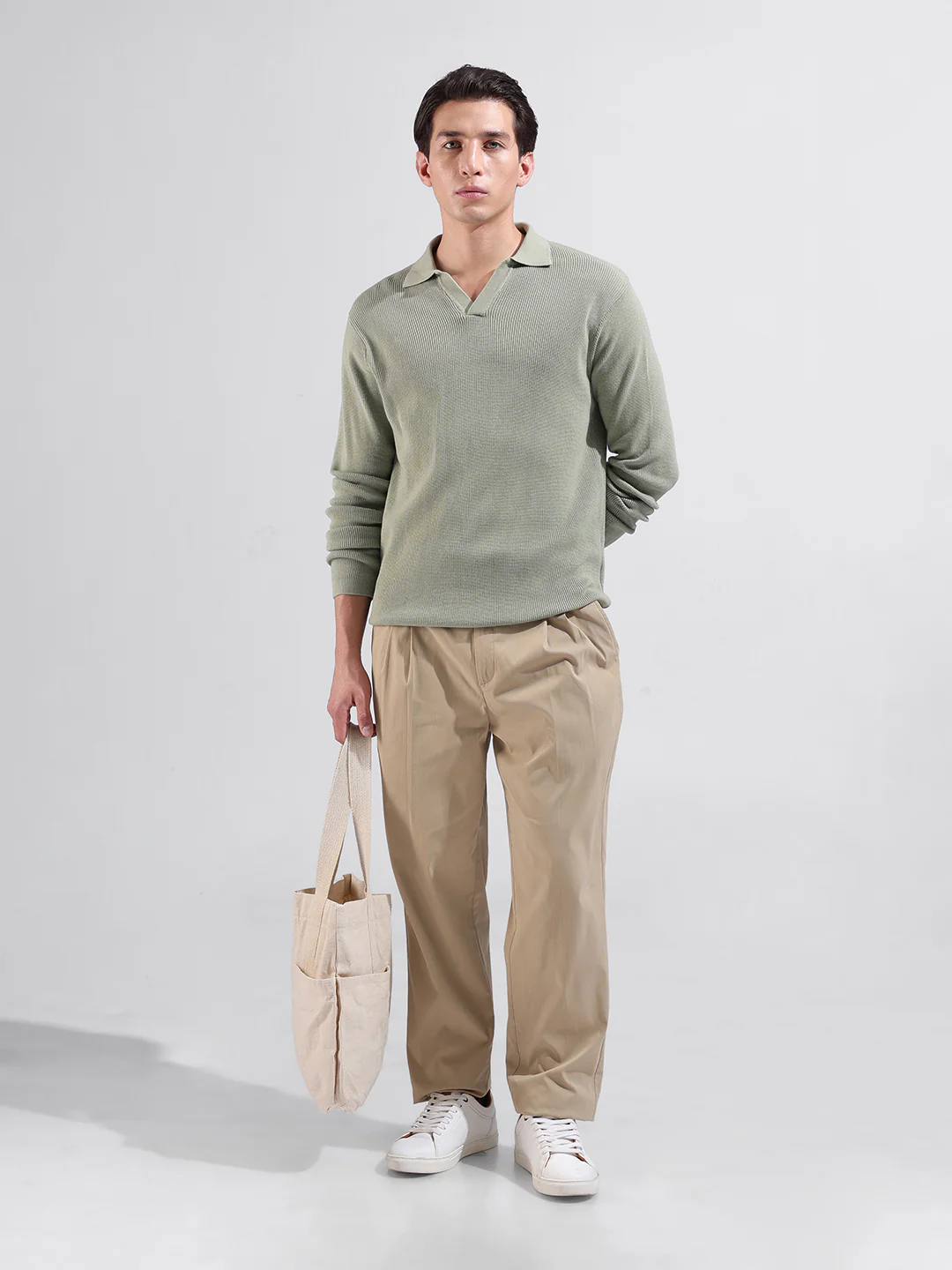 Men's Green Slim Fit Striped Flat Knit Polo Neck T-Shirt - Image 8