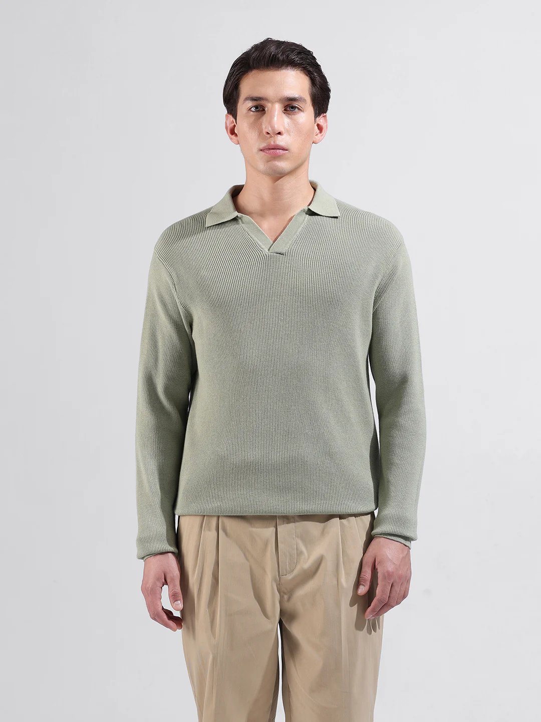 Men's Green Slim Fit Striped Flat Knit Polo Neck T-Shirt - Image 9