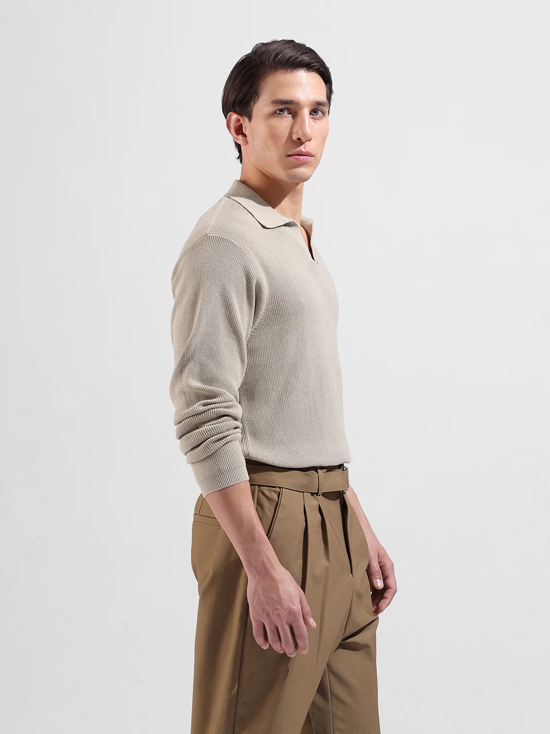 Men's Beige Slim Fit Striped Flat Knit Polo Neck T-Shirt - Image 2