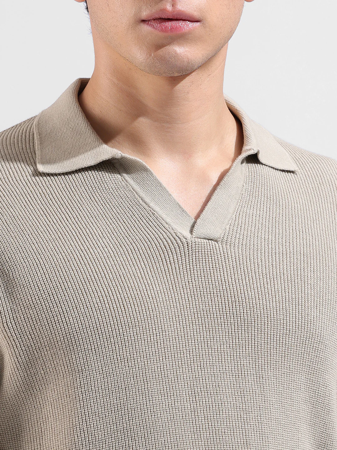 Men's Beige Slim Fit Striped Flat Knit Polo Neck T-Shirt - Image 3