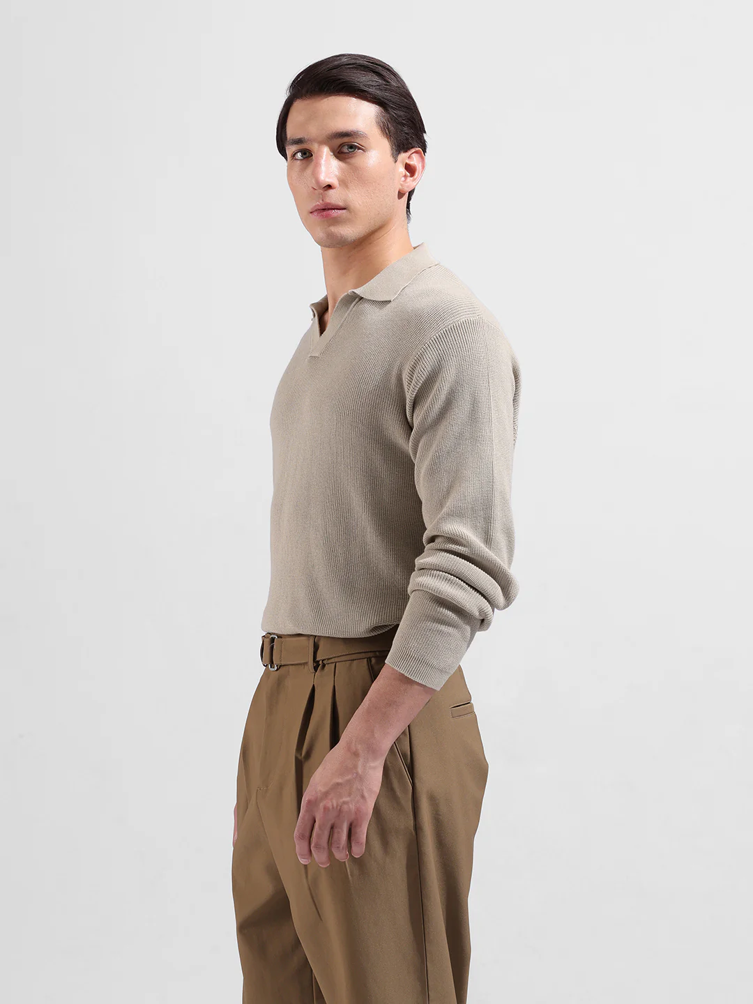 Men's Beige Slim Fit Striped Flat Knit Polo Neck T-Shirt - Image 4