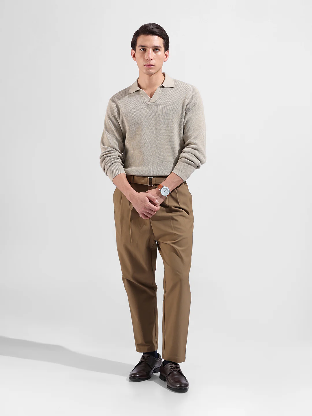 Men's Beige Slim Fit Striped Flat Knit Polo Neck T-Shirt - Image 5