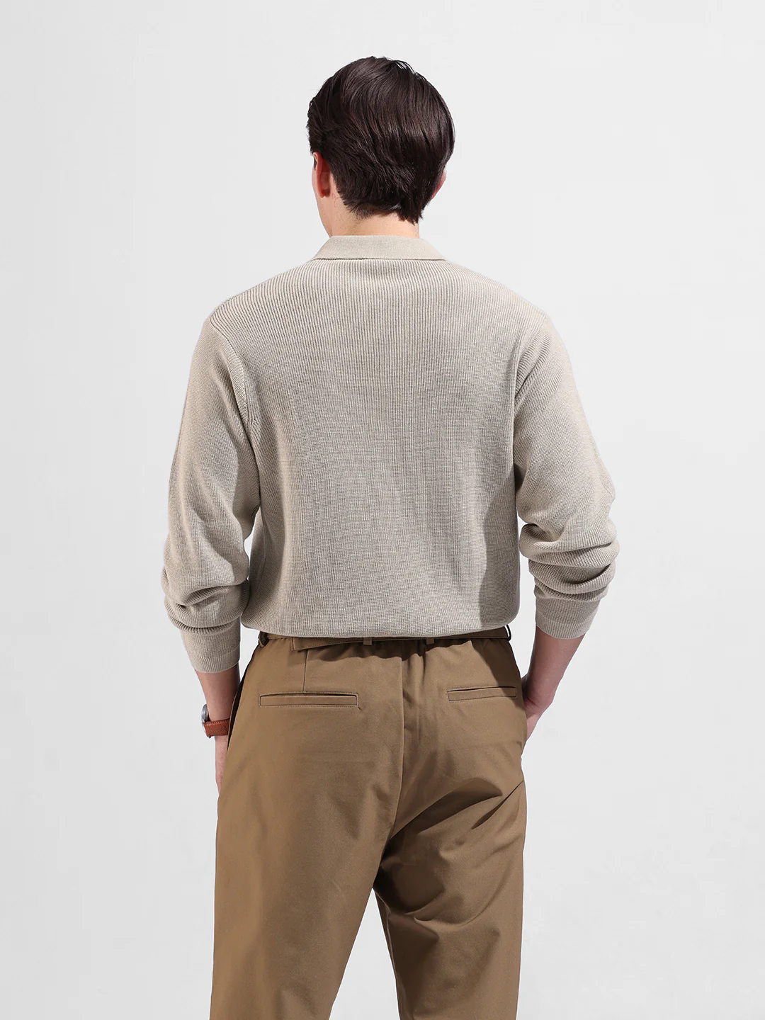 Men's Beige Slim Fit Striped Flat Knit Polo Neck T-Shirt - Image 6