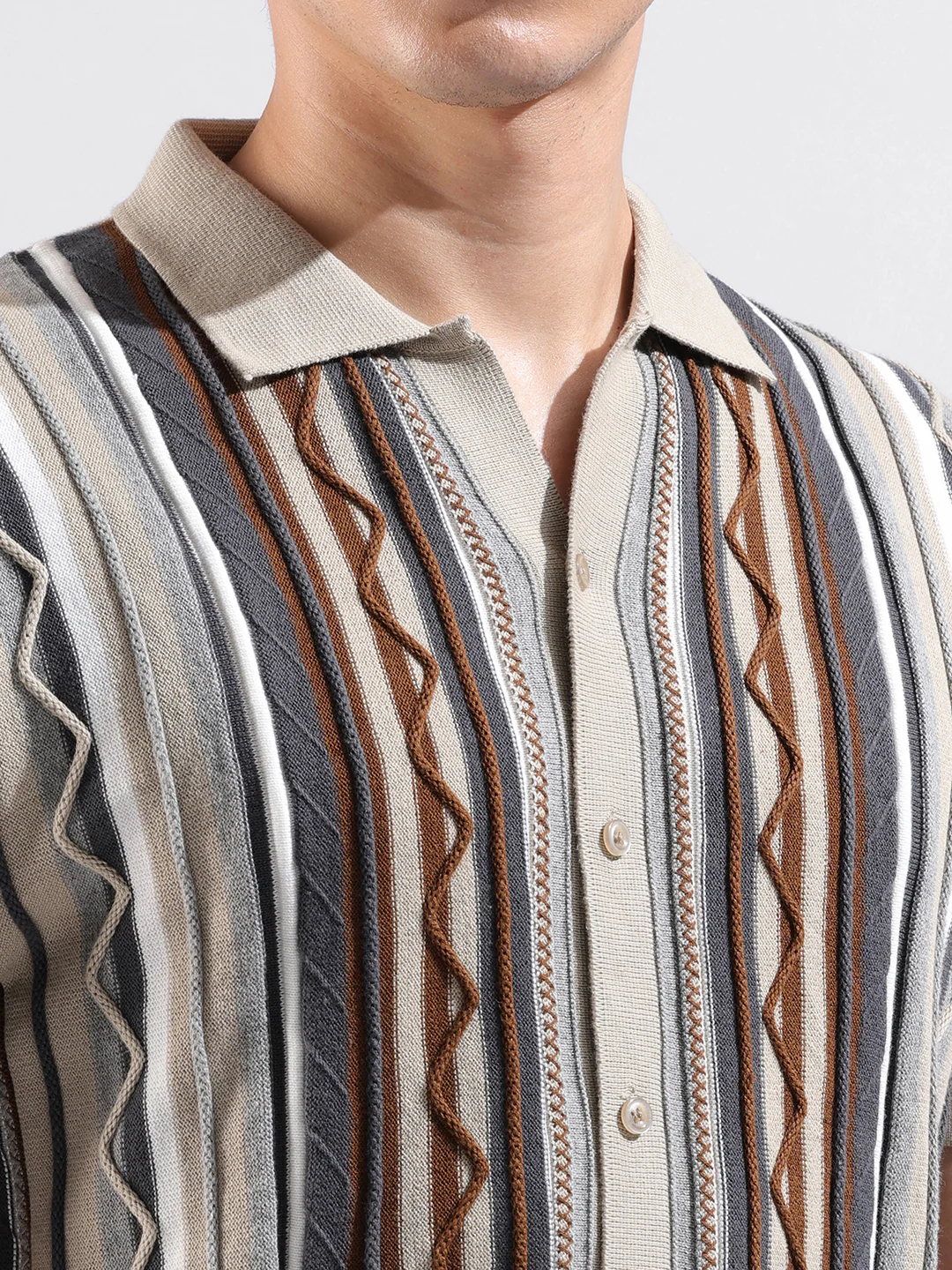 Men's Beige Slim Fit Striped Flat Knit Shirt - Image 3