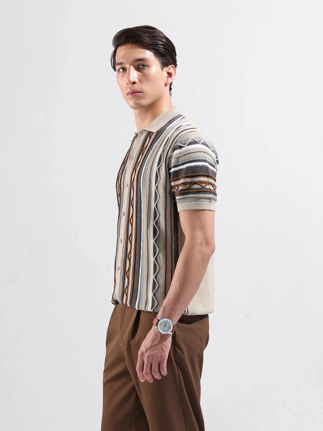 Men's Beige Slim Fit Striped Flat Knit Shirt - Image 4