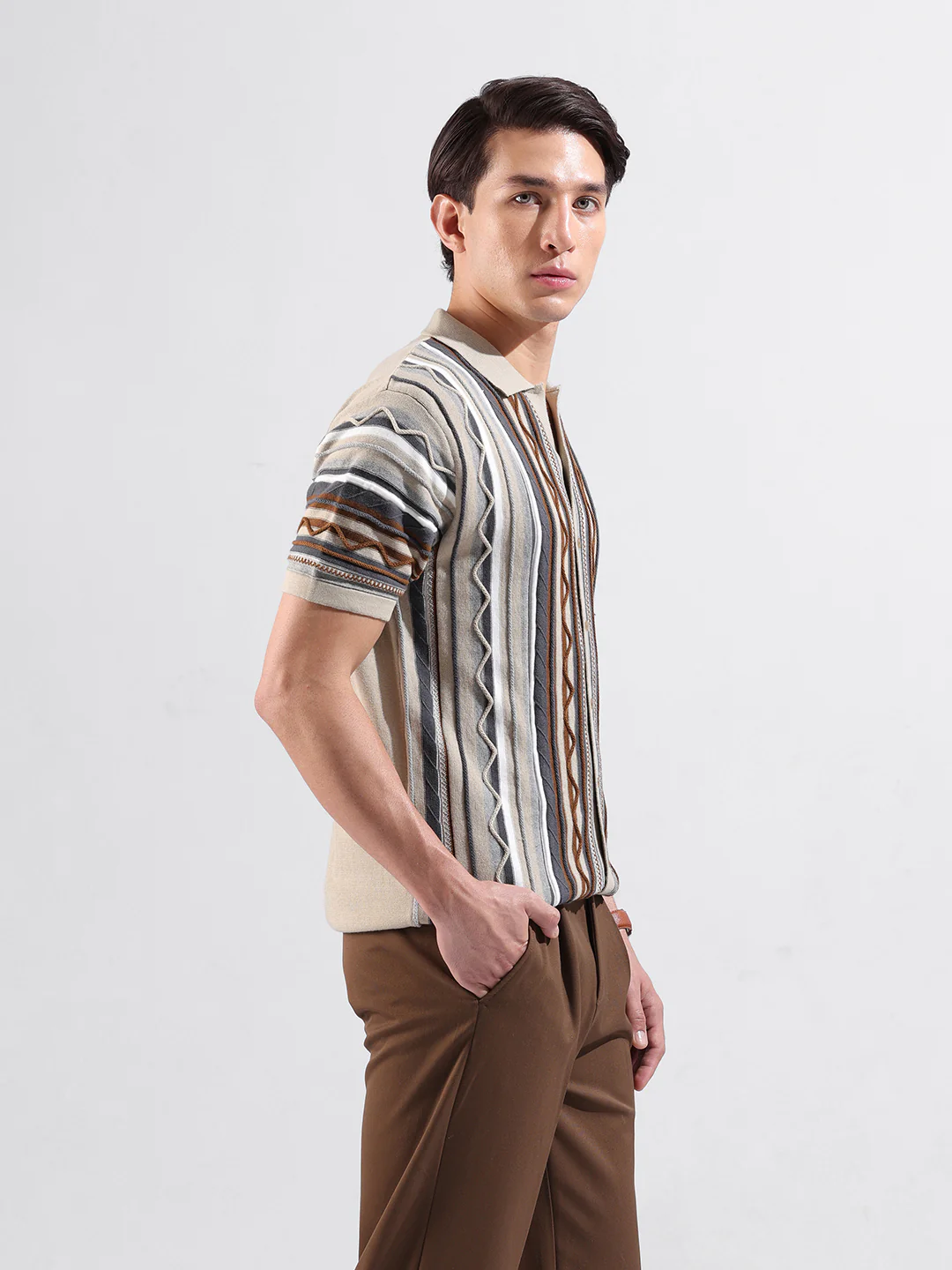 Men's Beige Slim Fit Striped Flat Knit Shirt - Image 5