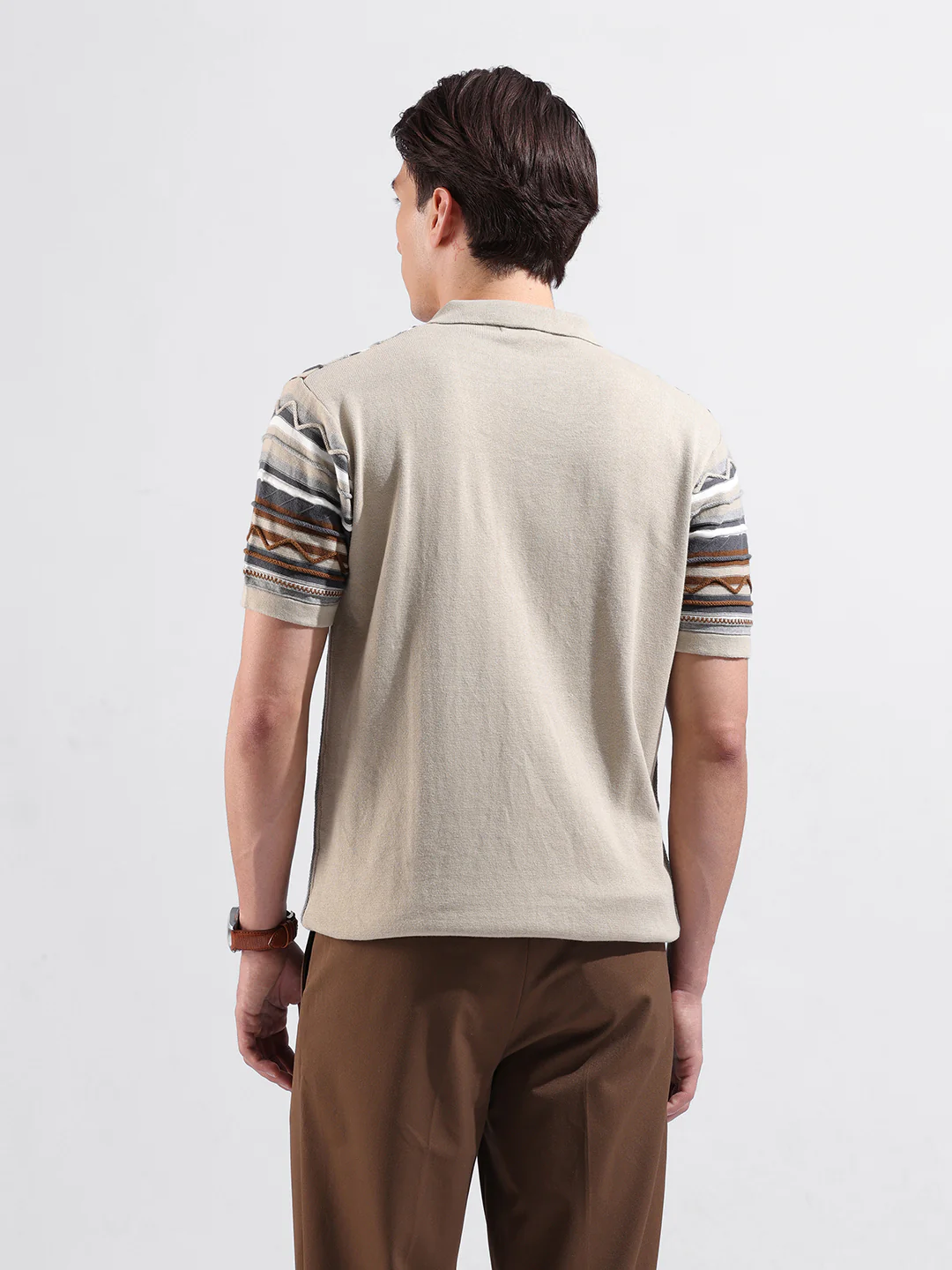 Men's Beige Slim Fit Striped Flat Knit Shirt - Image 6