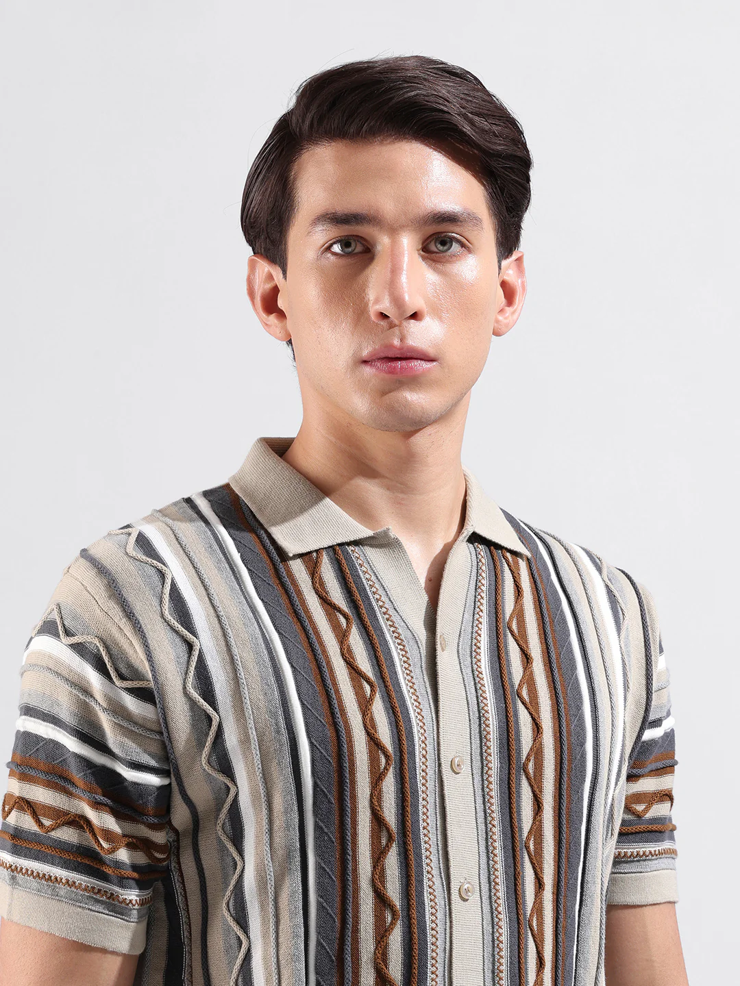 Men's Beige Slim Fit Striped Flat Knit Shirt - Image 7