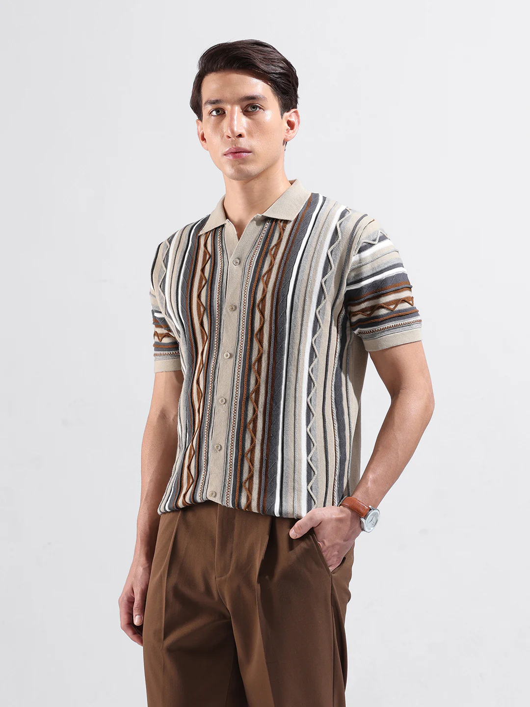 Men's Beige Slim Fit Striped Flat Knit Shirt - Image 8