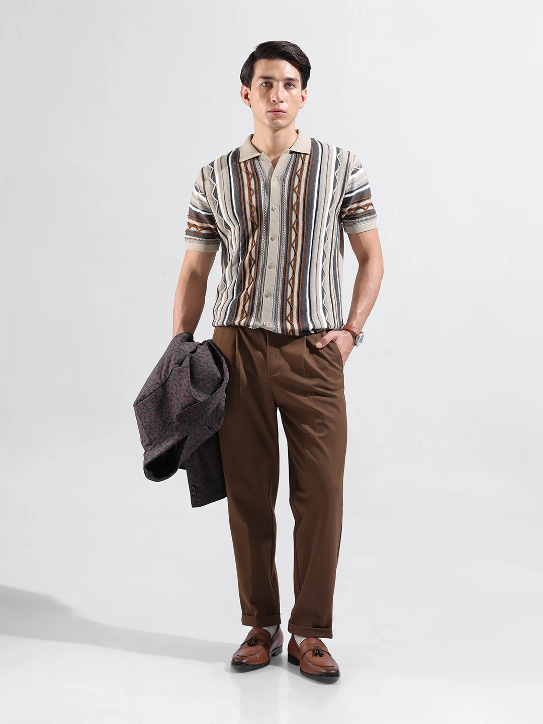 Men's Beige Slim Fit Striped Flat Knit Shirt - Image 9