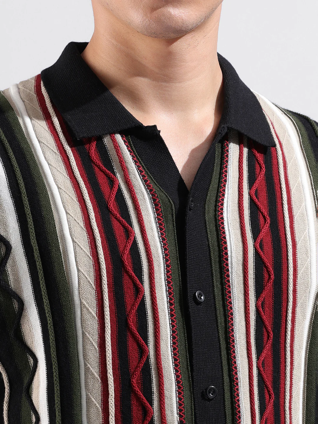 Men's Black Slim Fit Striped Flat Knit Shirt - Image 3