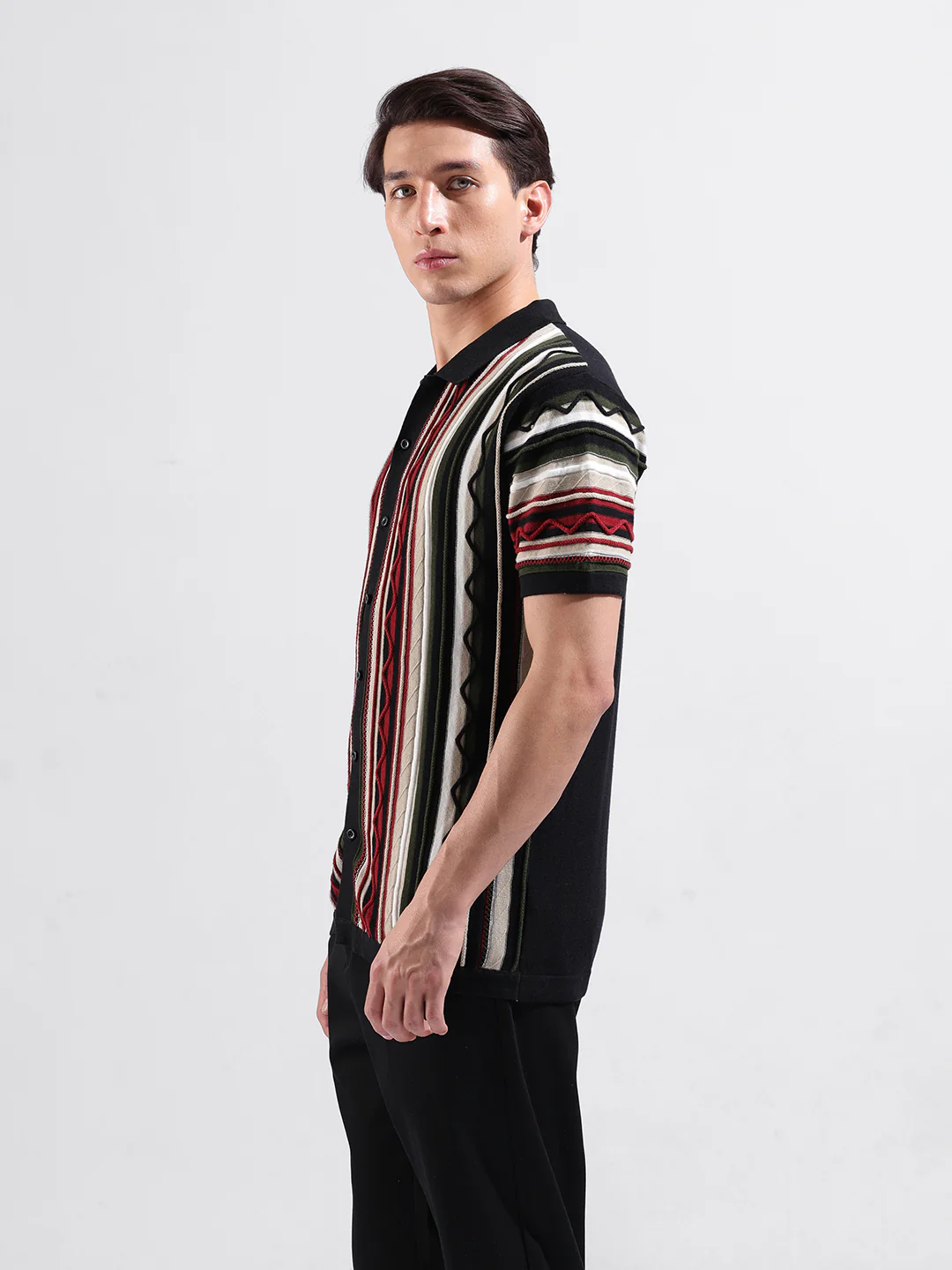 Men's Black Slim Fit Striped Flat Knit Shirt - Image 4