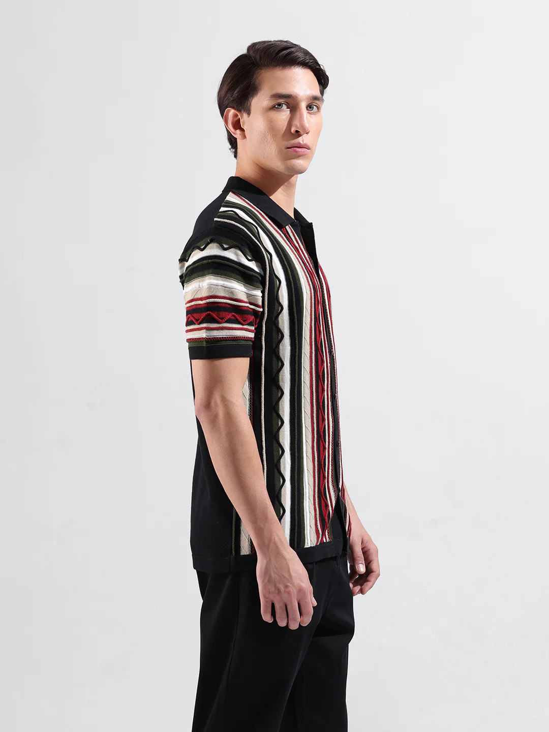 Men's Black Slim Fit Striped Flat Knit Shirt - Image 5