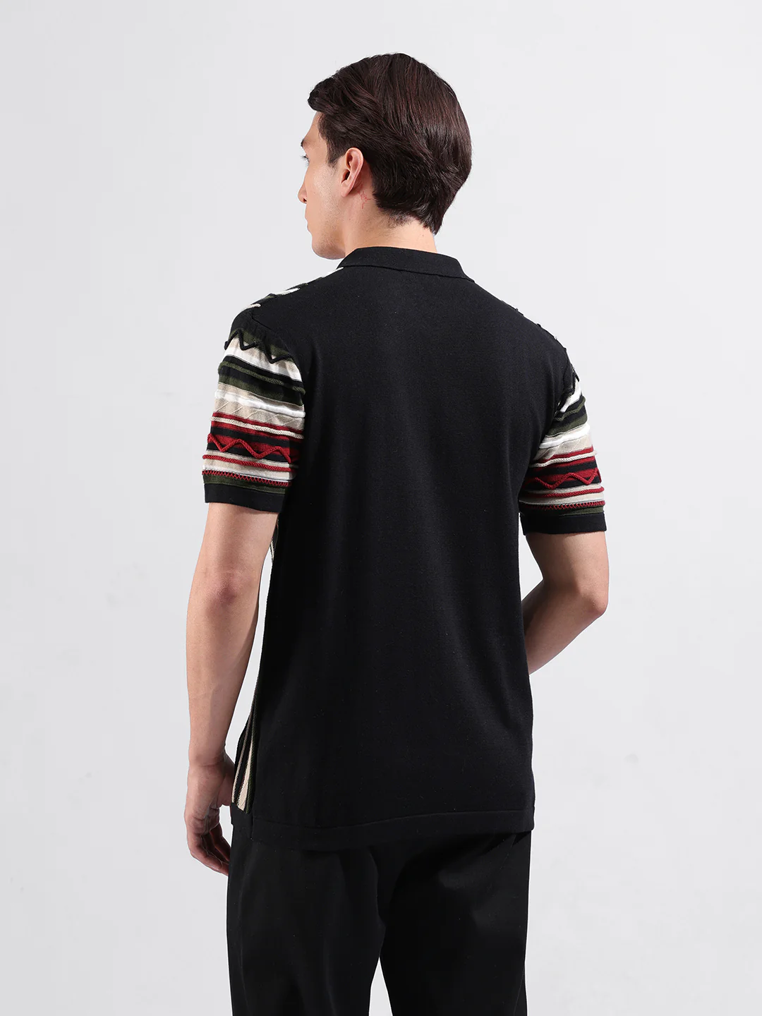 Men's Black Slim Fit Striped Flat Knit Shirt - Image 6