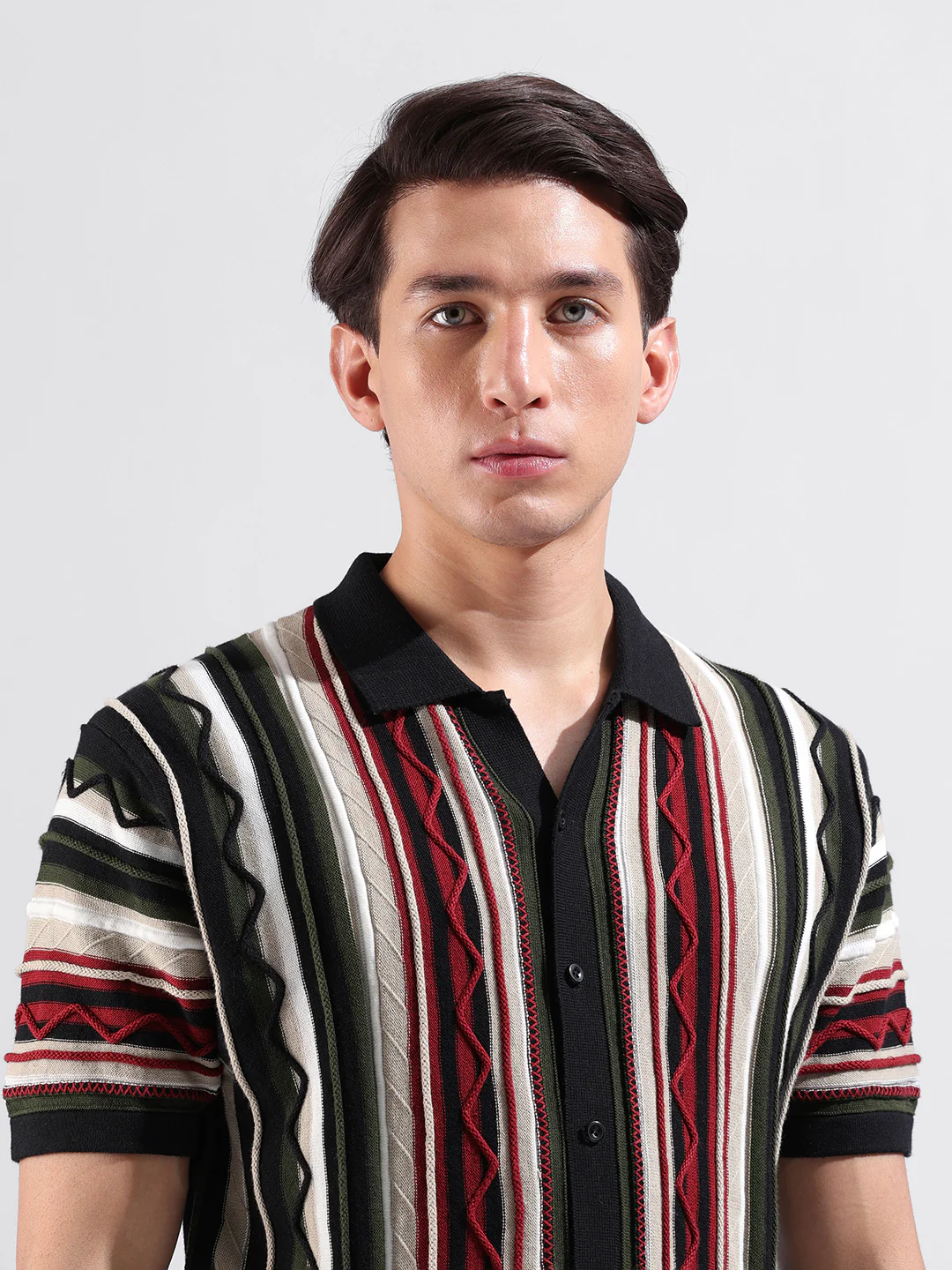 Men's Black Slim Fit Striped Flat Knit Shirt - Image 7