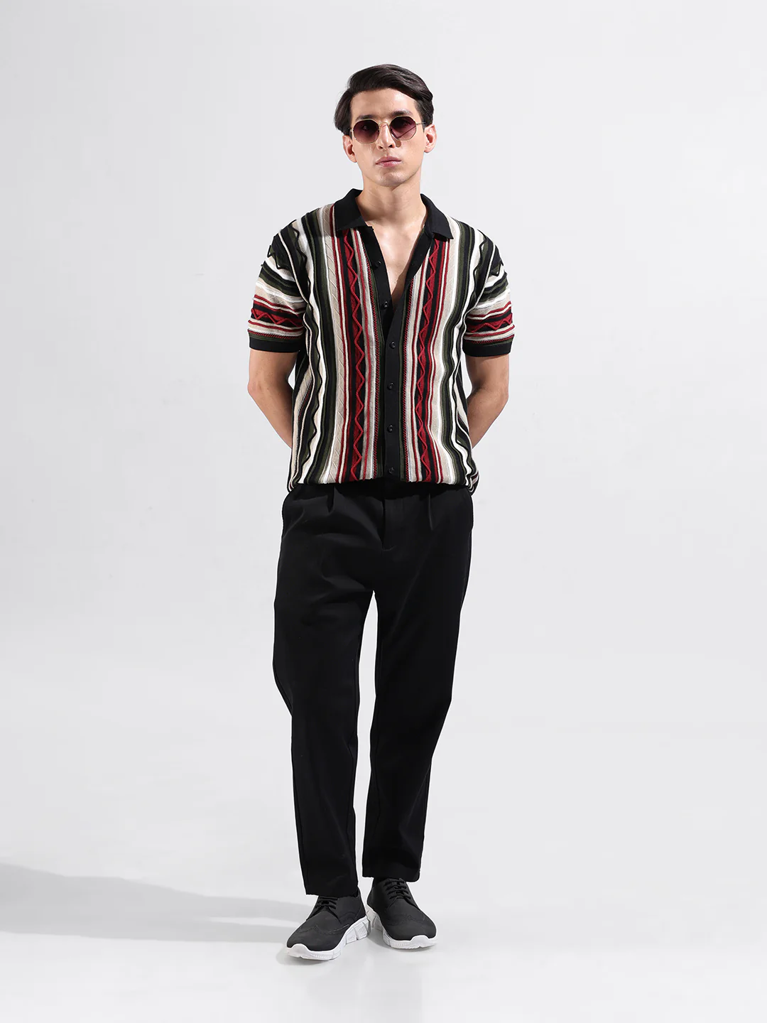 Men's Black Slim Fit Striped Flat Knit Shirt - Image 8
