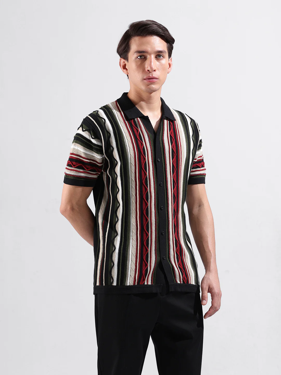Men's Black Slim Fit Striped Flat Knit Shirt - Image 9