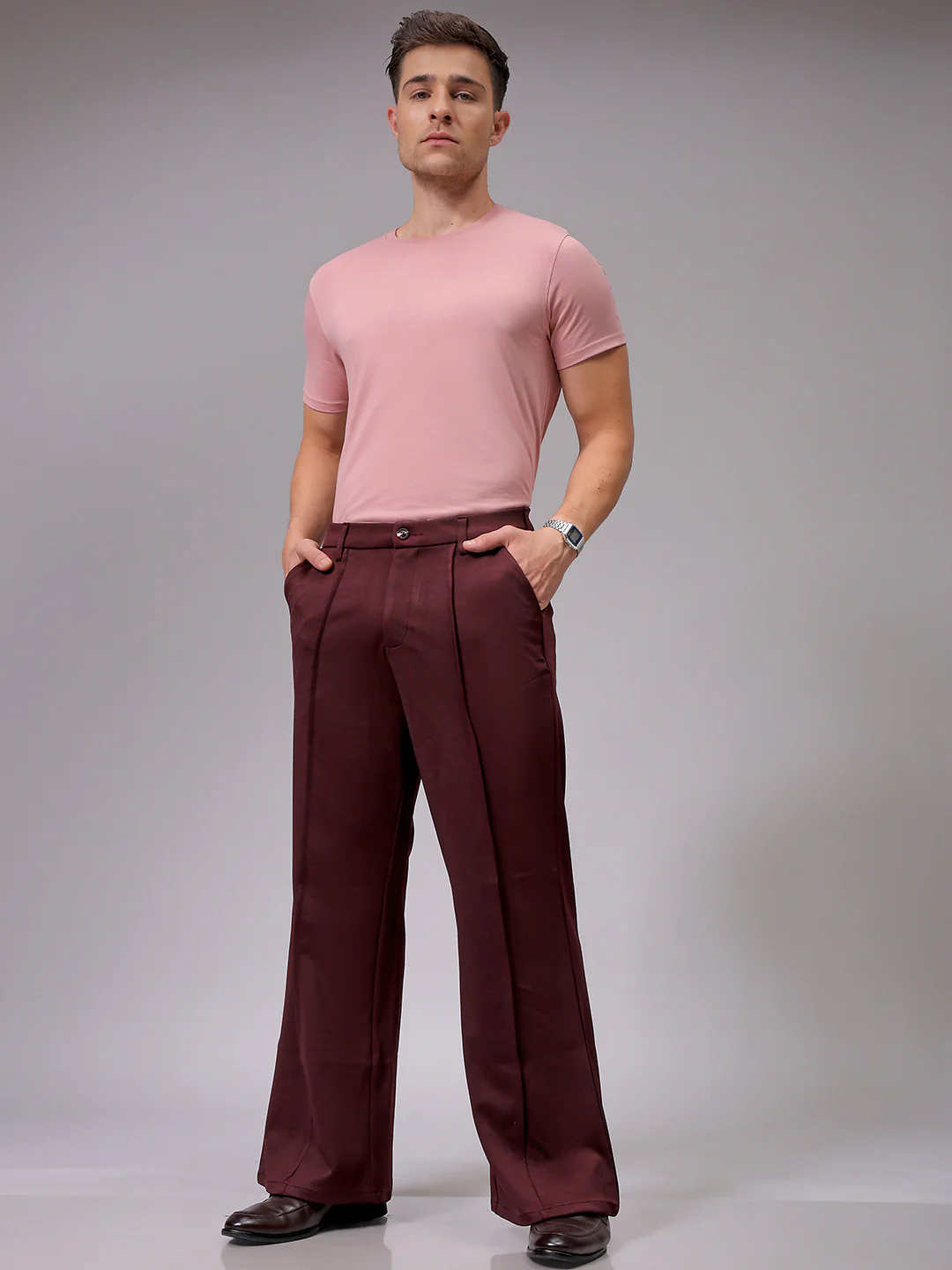 Men's Burgundy Bootcut Fit Solid Korean Street Trouser - Image 2