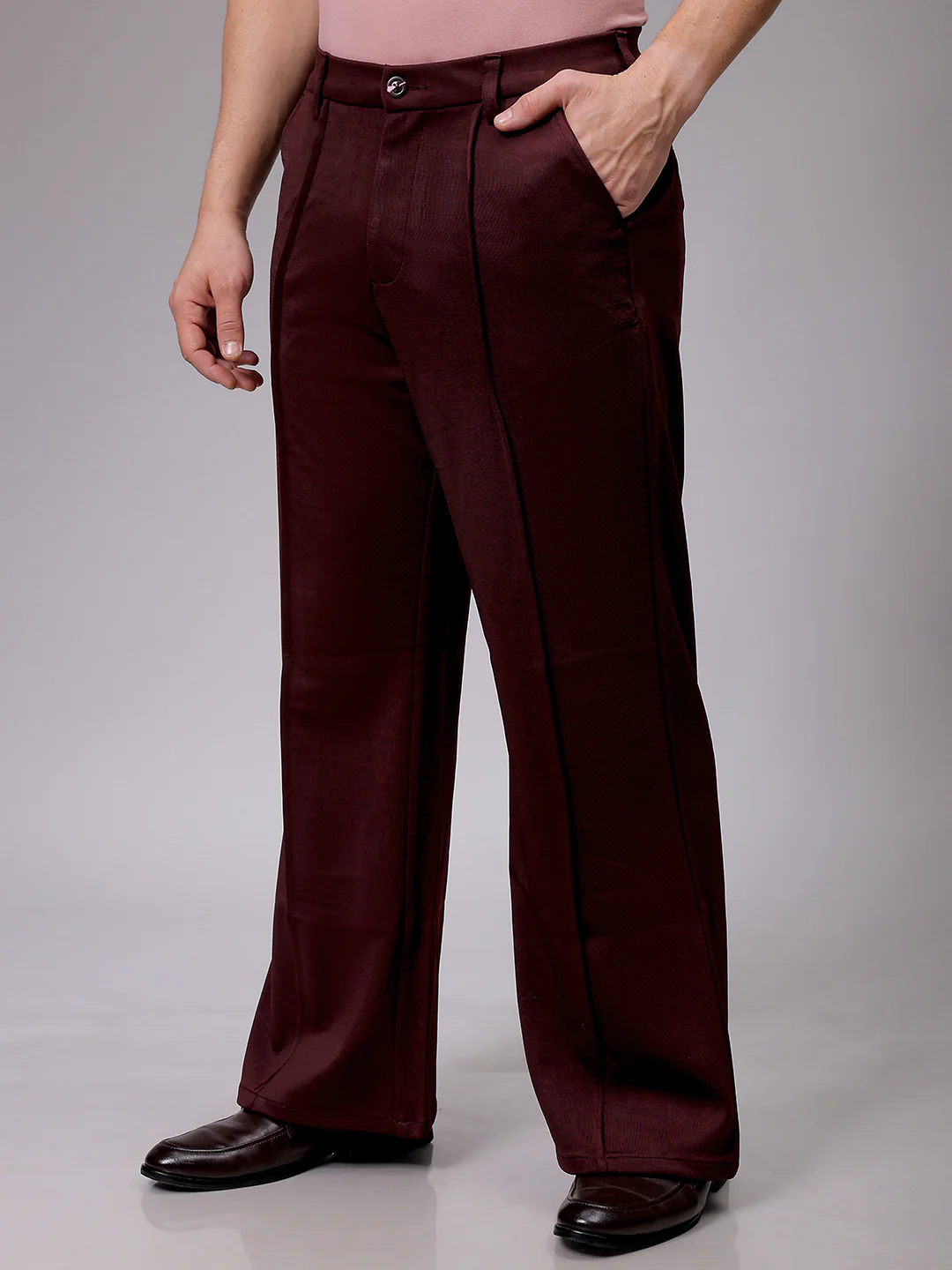 Men's Burgundy Bootcut Fit Solid Korean Street Trouser - Image 4