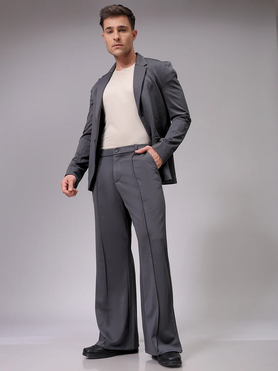 Men's Dark Grey Bootcut Fit Solid Korean Street Trouser - Image 2