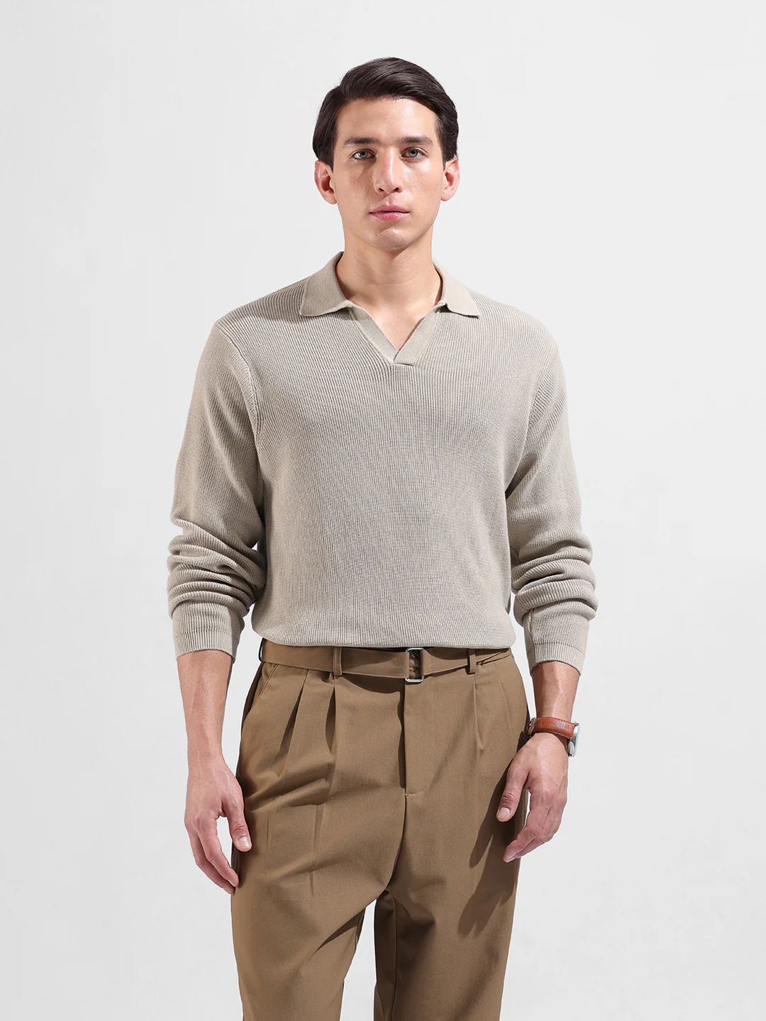 Men's Beige Slim Fit Striped Flat Knit Crew Neck T-Shirt - Image 10