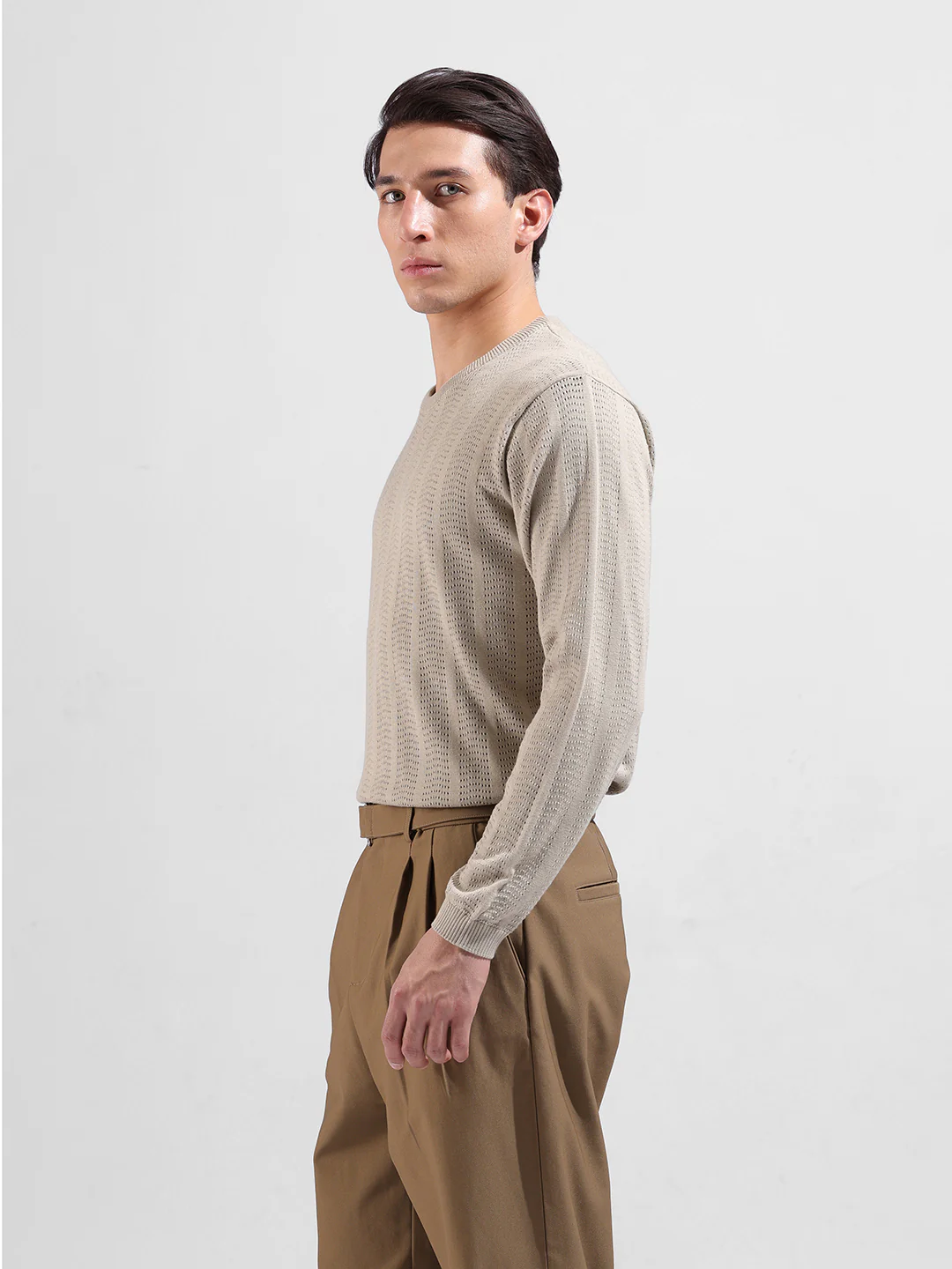 Men's Beige Slim Fit Striped Flat Knit Crew Neck T-Shirt - Image 2
