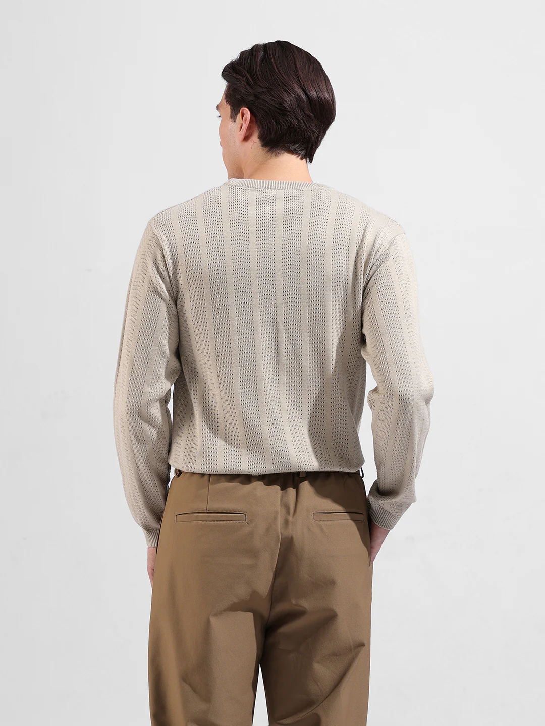 Men's Beige Slim Fit Striped Flat Knit Crew Neck T-Shirt - Image 4