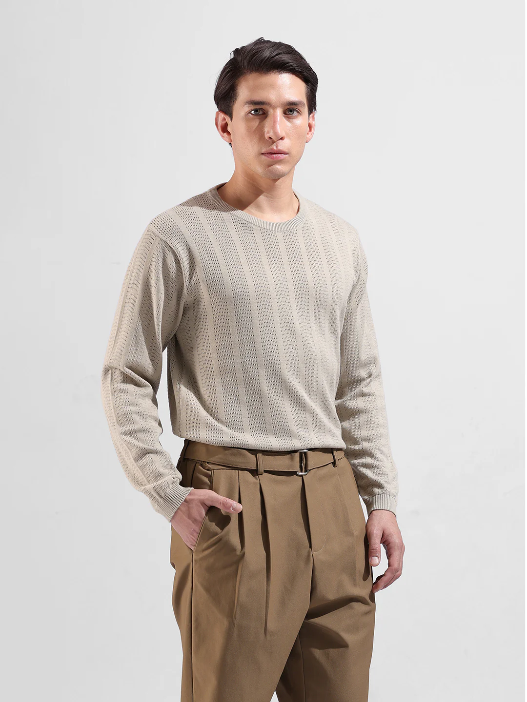 Men's Beige Slim Fit Striped Flat Knit Crew Neck T-Shirt - Image 6