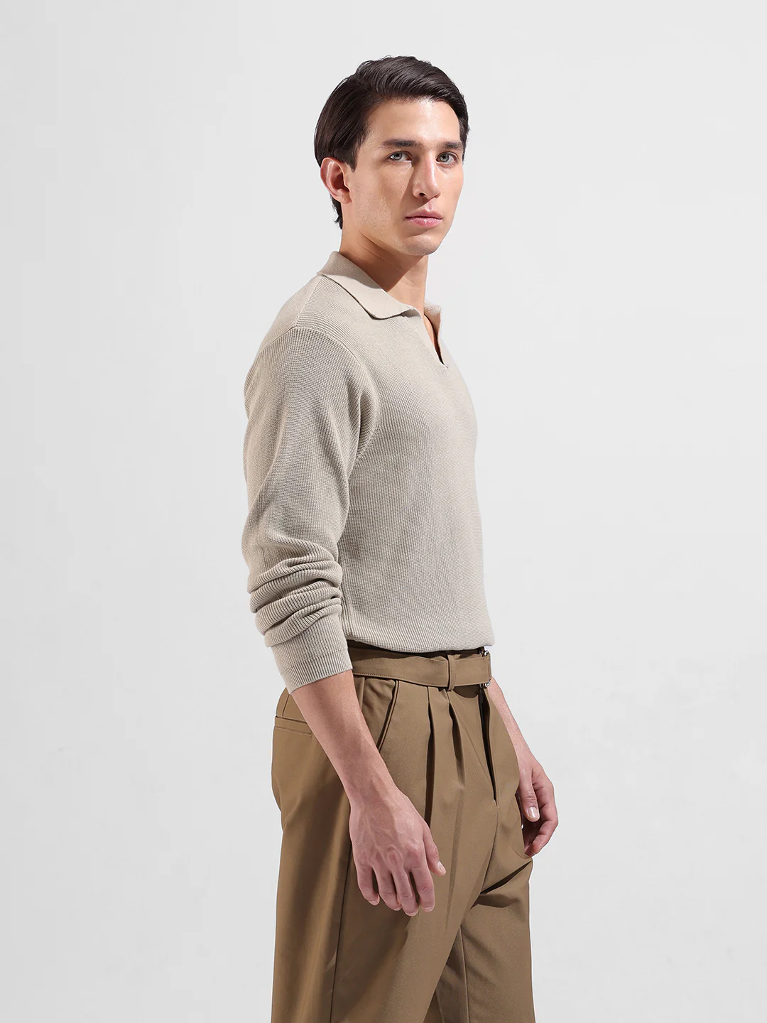 Men's Beige Slim Fit Striped Flat Knit Crew Neck T-Shirt - Image 7