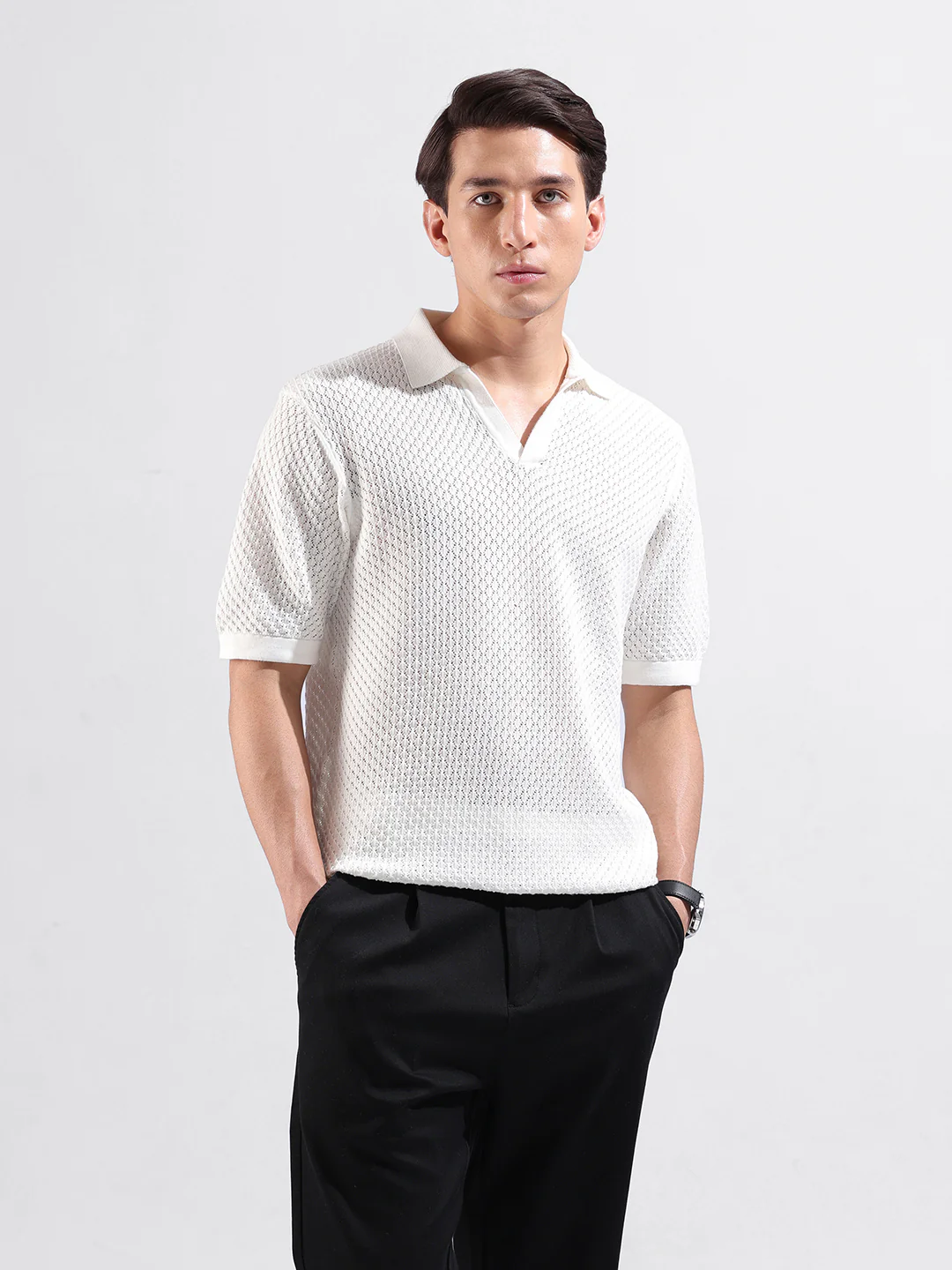 Men's White Slim Fit Striped Flat Knit T-Shirt - Image 2
