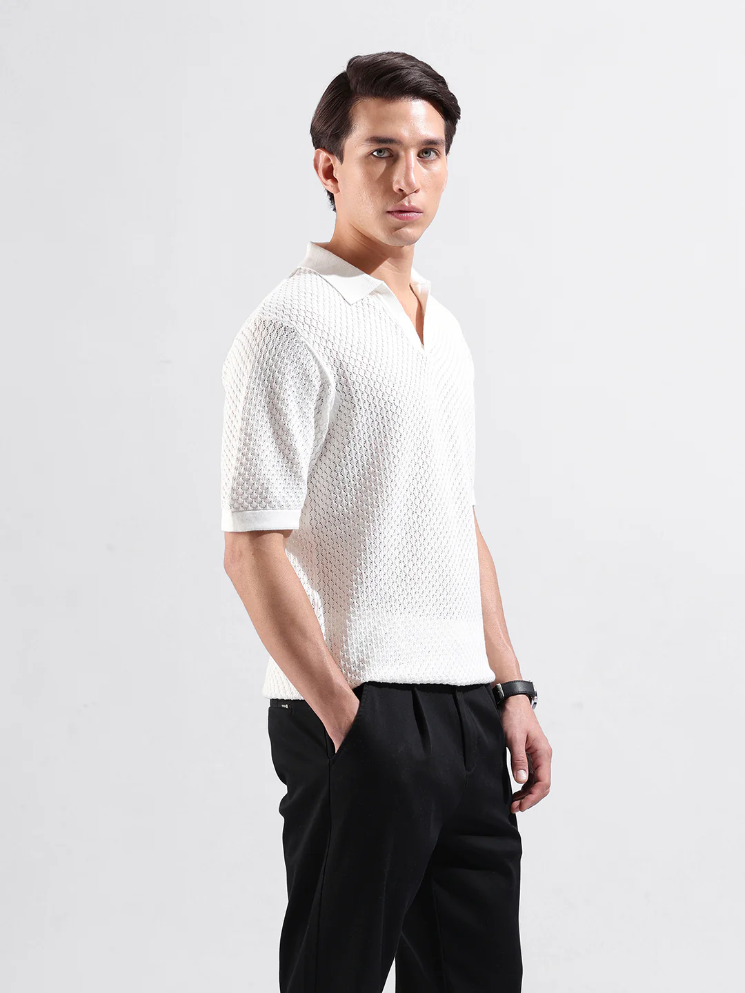 Men's White Slim Fit Striped Flat Knit T-Shirt - Image 4