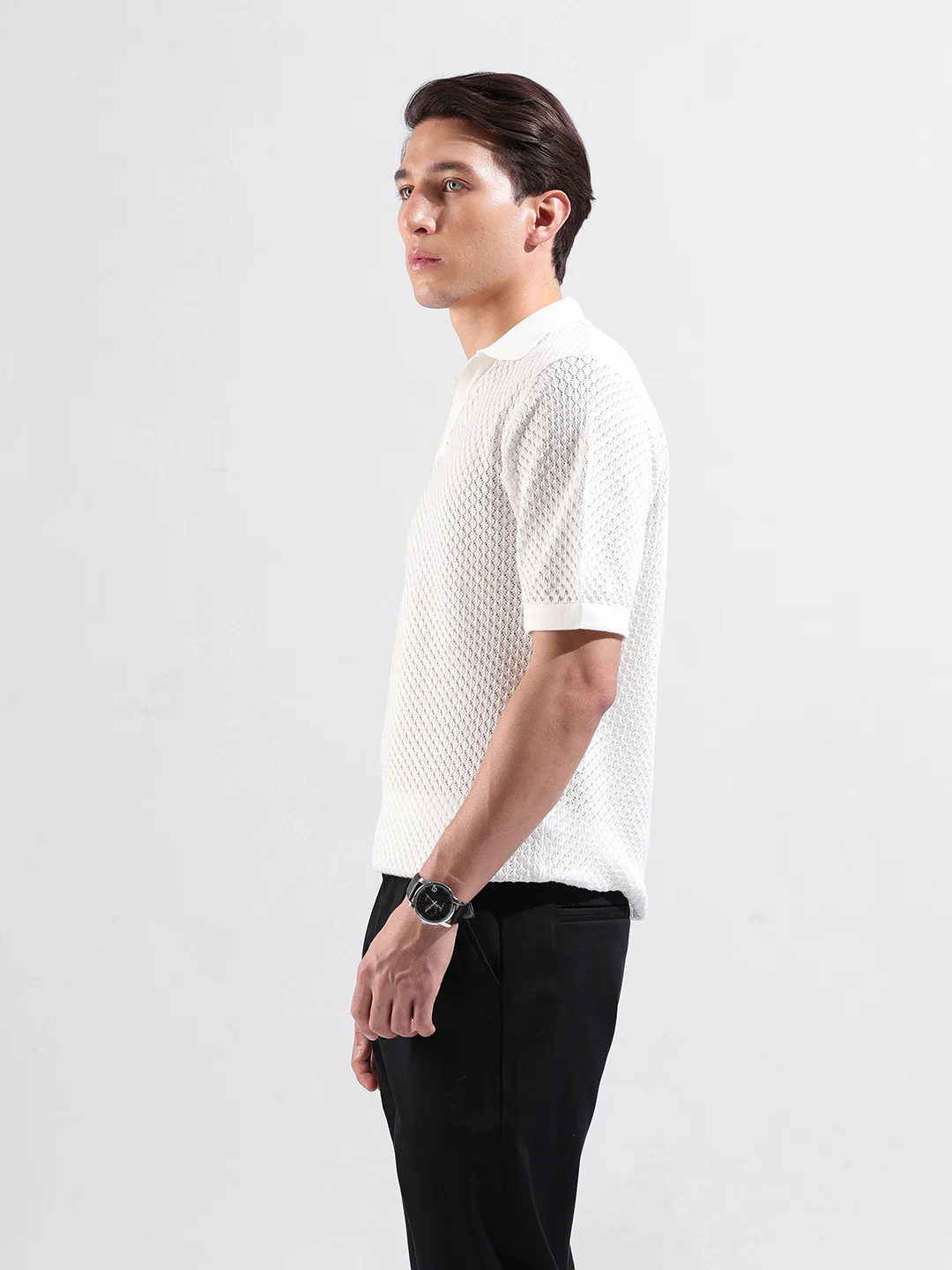 Men's White Slim Fit Striped Flat Knit T-Shirt - Image 5