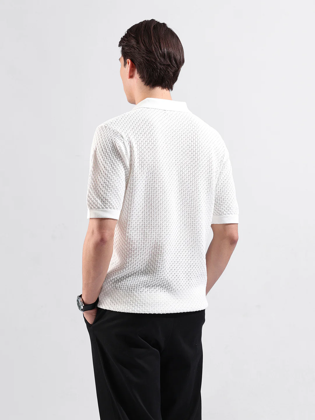 Men's White Slim Fit Striped Flat Knit T-Shirt - Image 6
