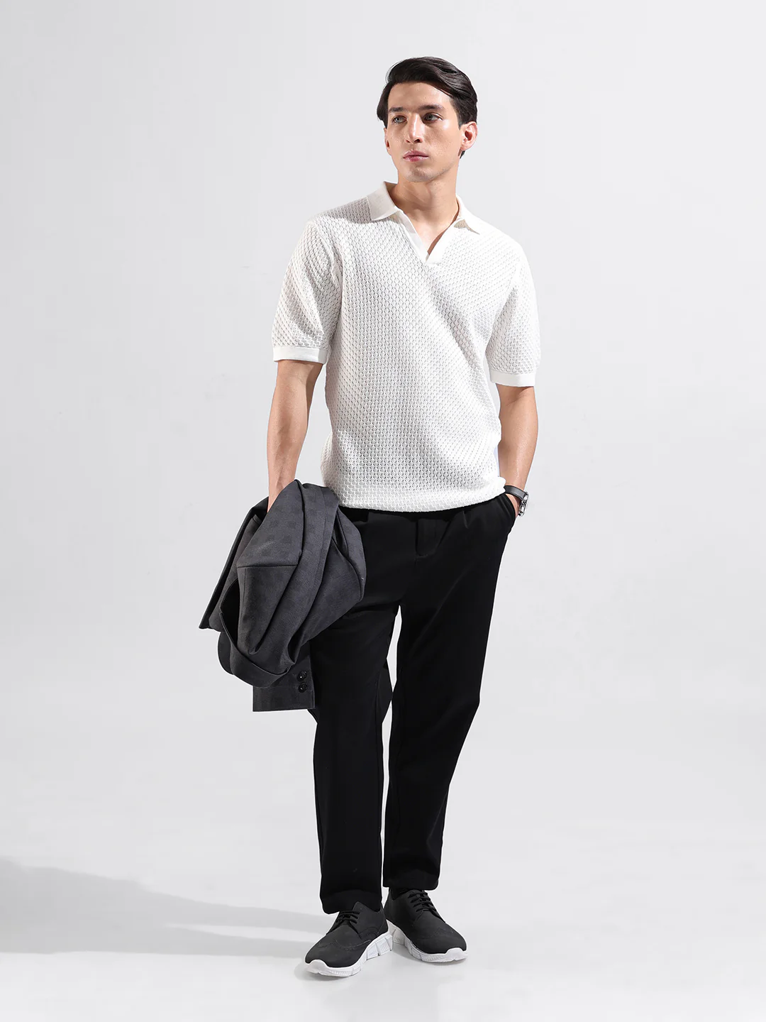 Men's White Slim Fit Striped Flat Knit T-Shirt - Image 7