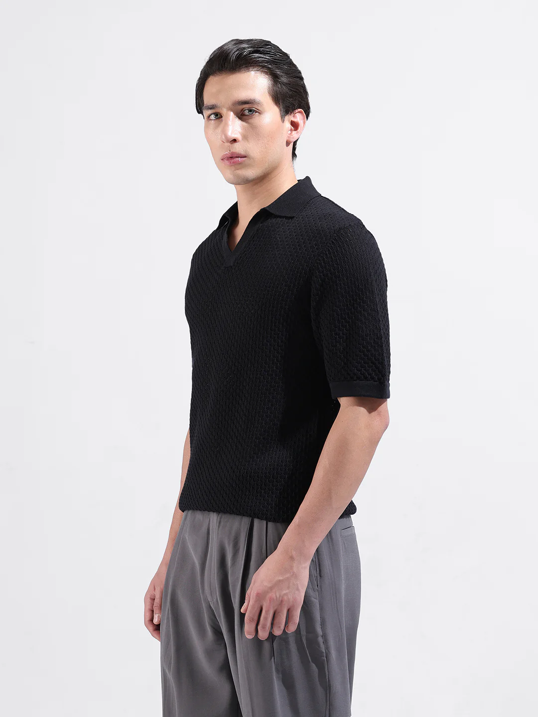 Men's Black Slim Fit Solid Flat Knit Polo Neck T-Shirt - Image 2