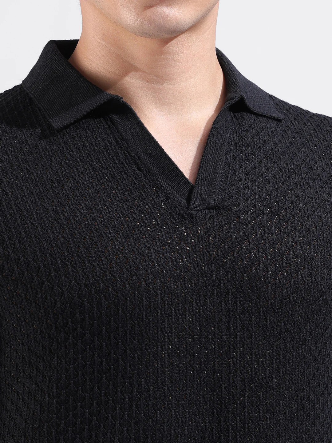 Men's Black Slim Fit Solid Flat Knit Polo Neck T-Shirt - Image 3