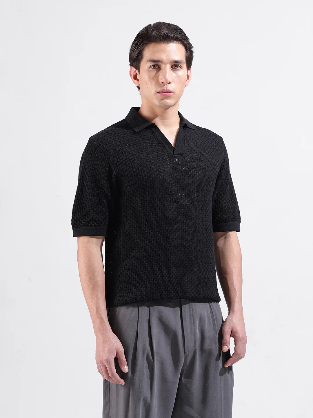 Men's Black Slim Fit Solid Flat Knit Polo Neck T-Shirt - Image 4
