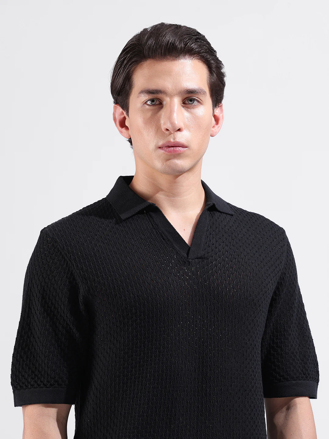 Men's Black Slim Fit Solid Flat Knit Polo Neck T-Shirt - Image 5