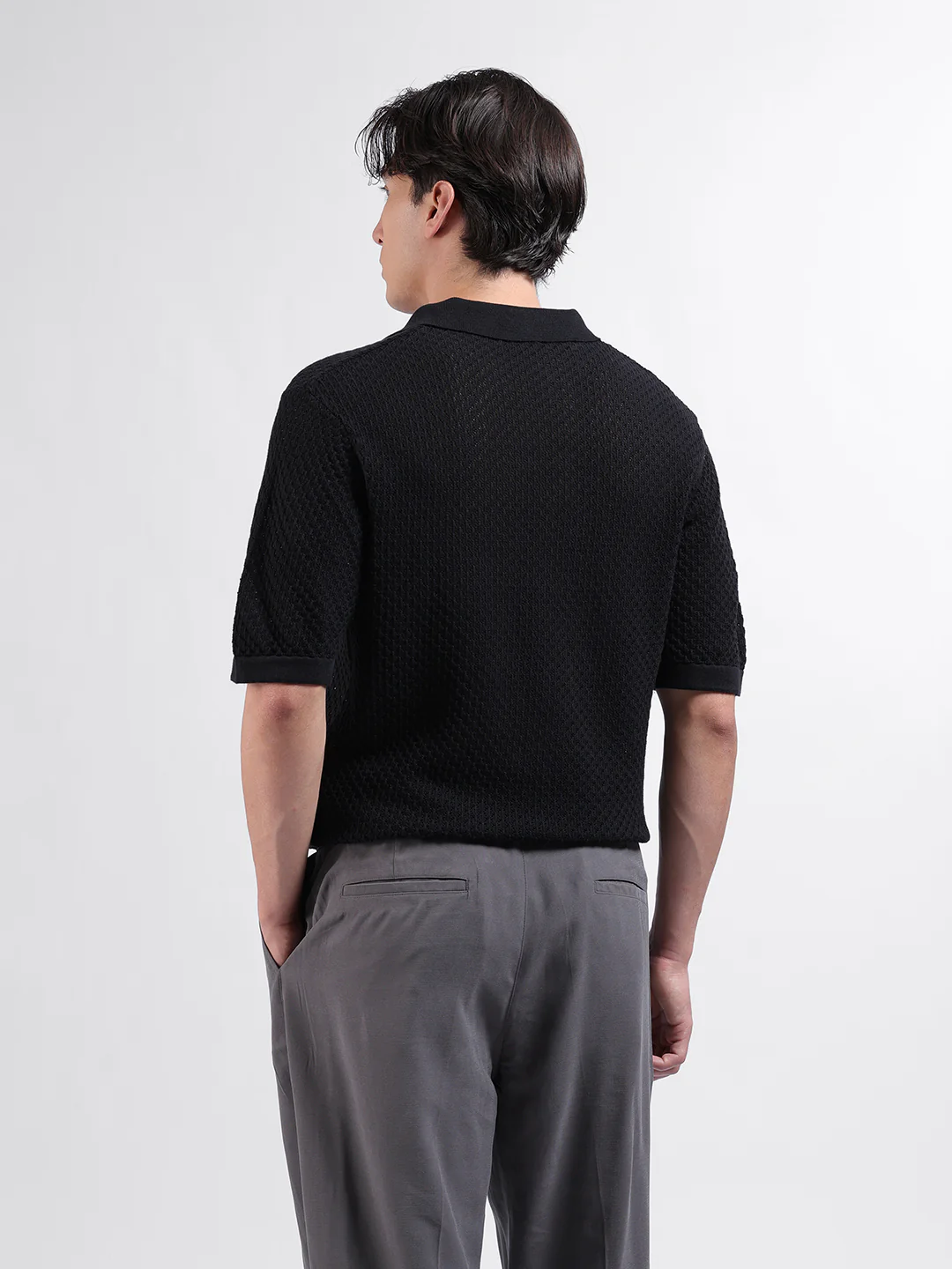 Men's Black Slim Fit Solid Flat Knit Polo Neck T-Shirt - Image 6