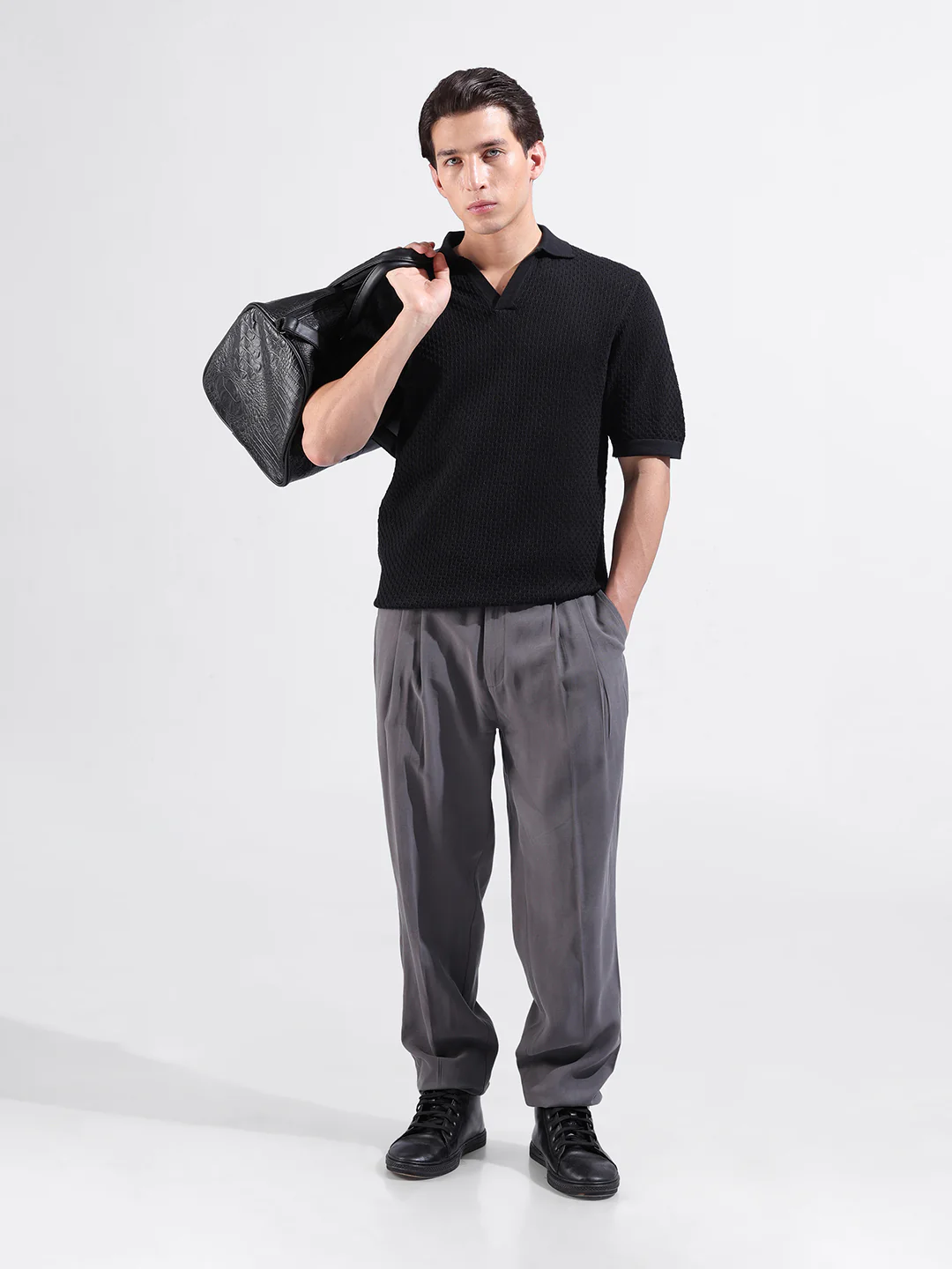 Men's Black Slim Fit Solid Flat Knit Polo Neck T-Shirt - Image 7