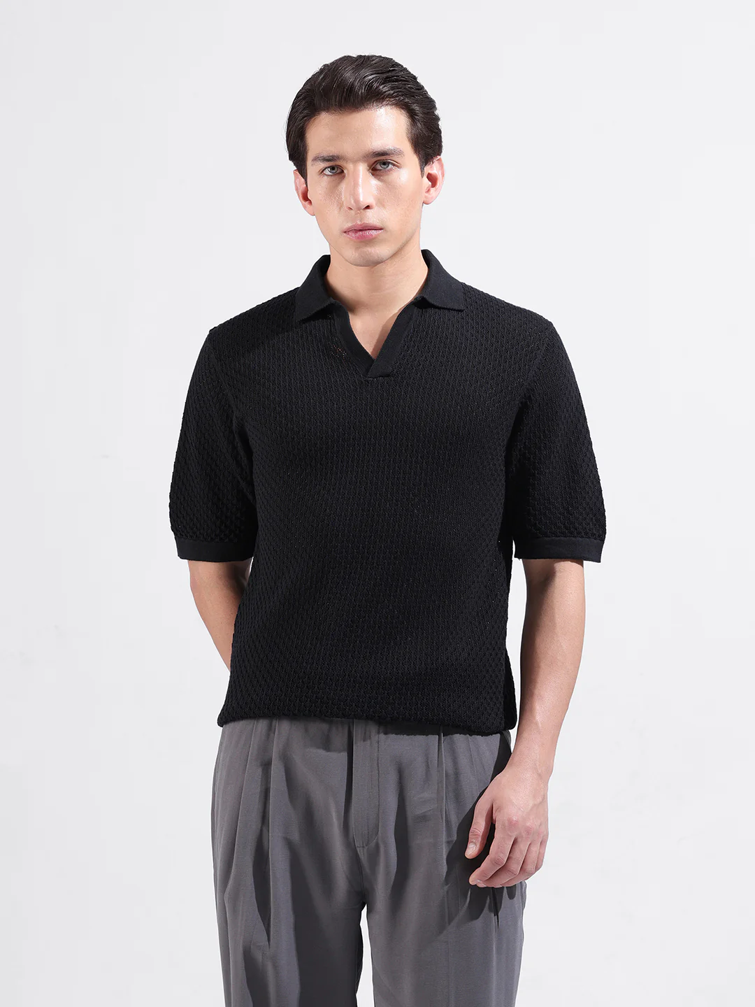 Men's Black Slim Fit Solid Flat Knit Polo Neck T-Shirt - Image 8