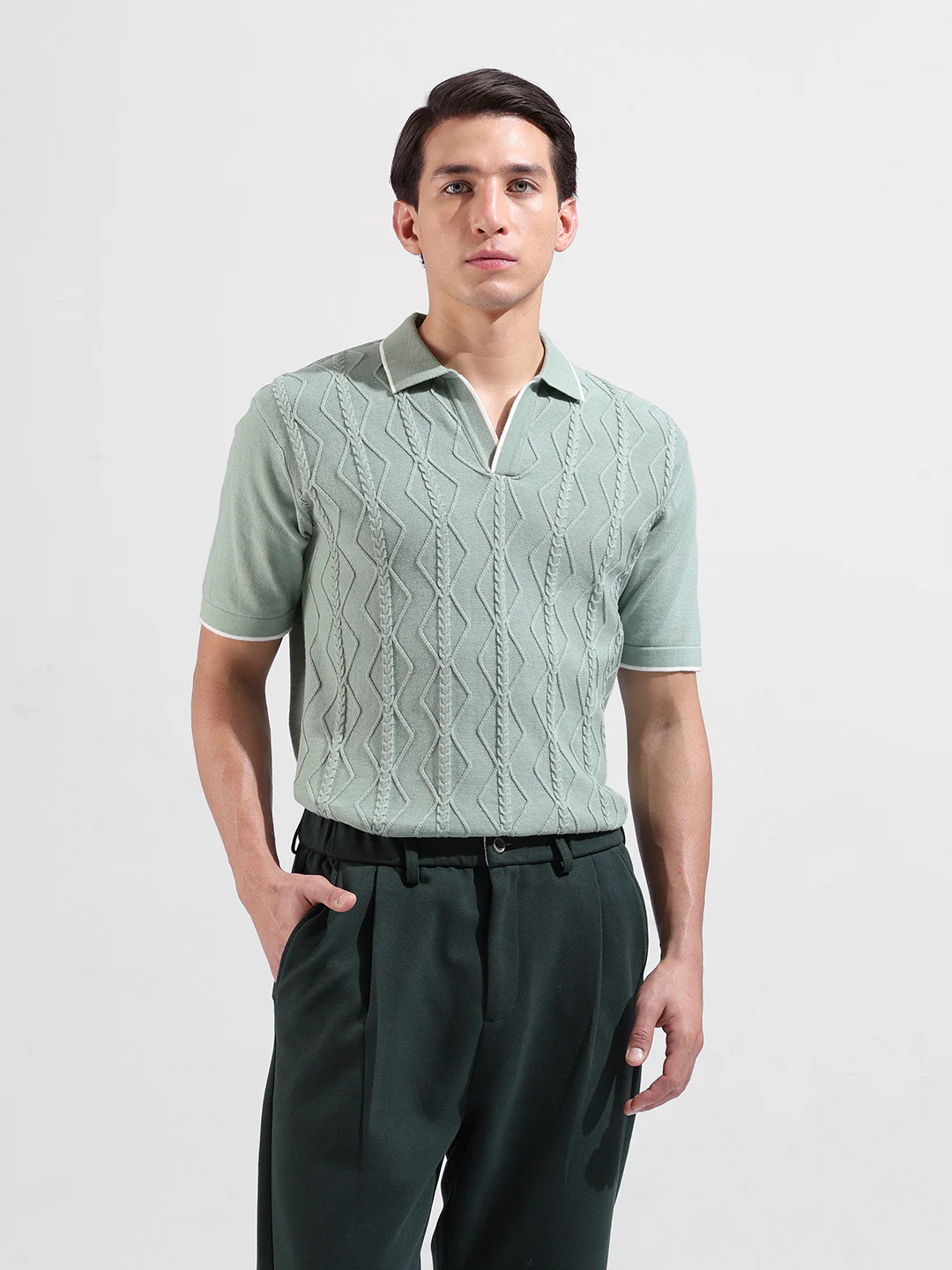 Men's Green Slim Fit Solid Flat Knit Polo Neck T-Shirt - Image 2