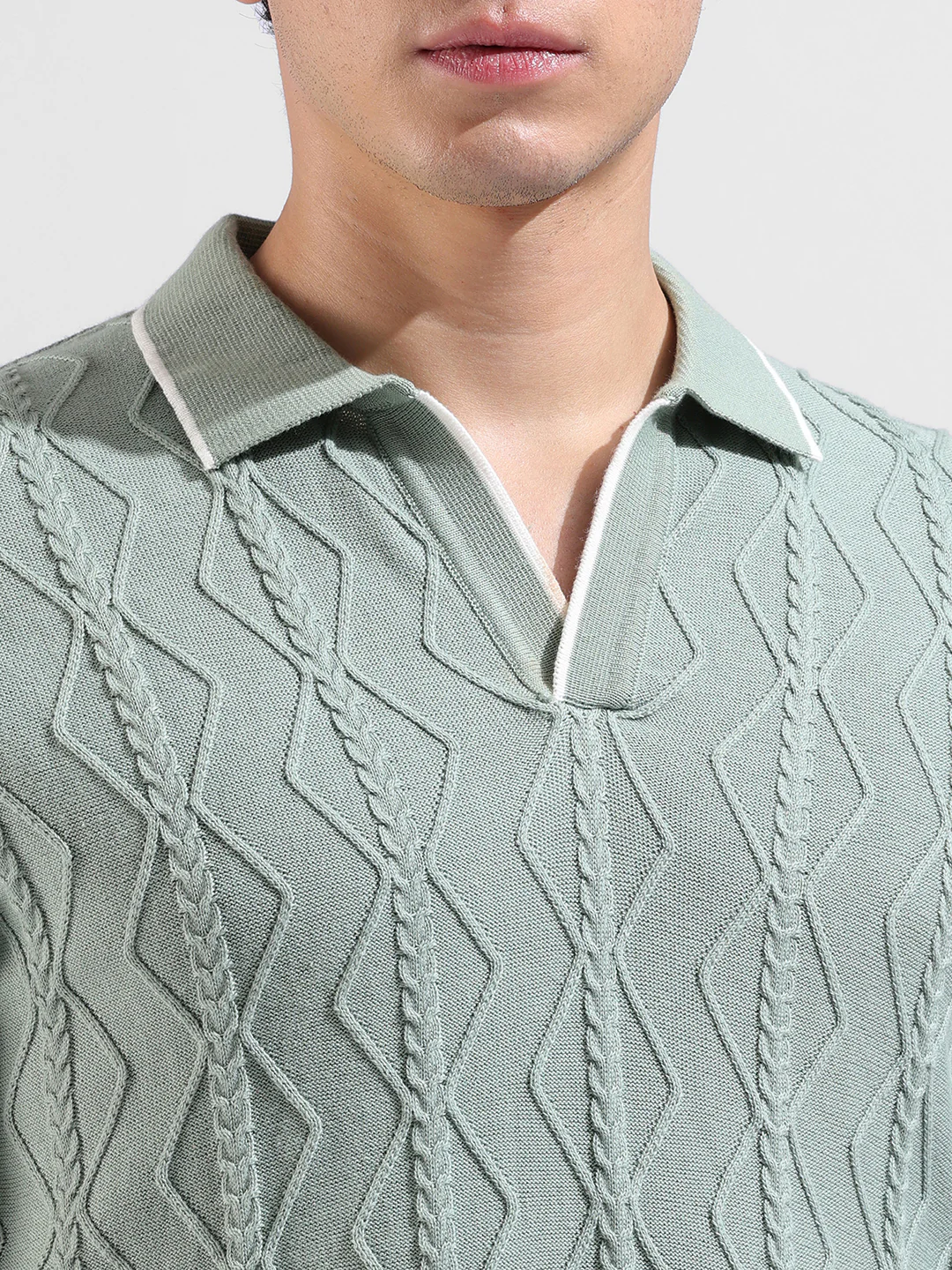Men's Green Slim Fit Solid Flat Knit Polo Neck T-Shirt - Image 3